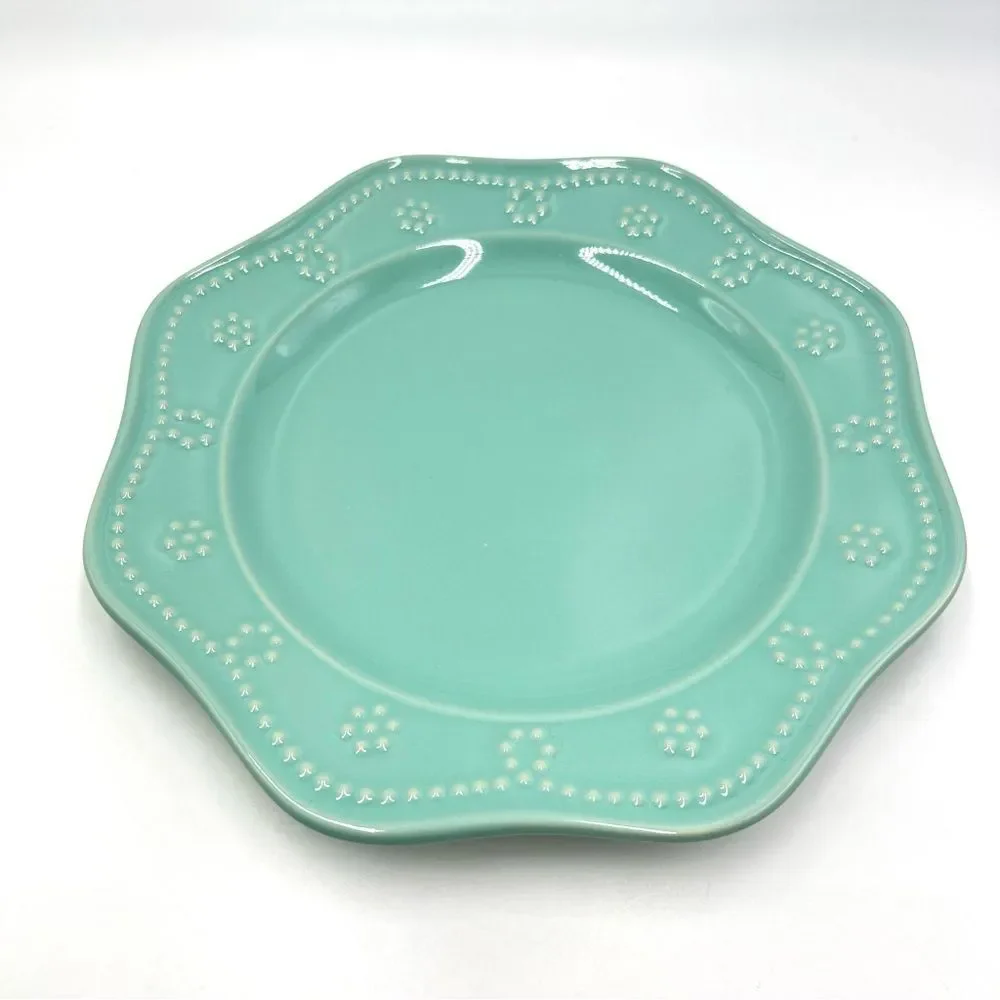 Fontinella Aqua Blue Beaded Scalloped Stoneware Dinner Salad Plates Food Network